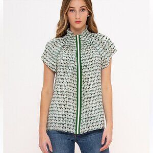 Rungolee Brooklyn Short Sleeve Silk Blouse Top Sage Watercolor Floral Stripe XS